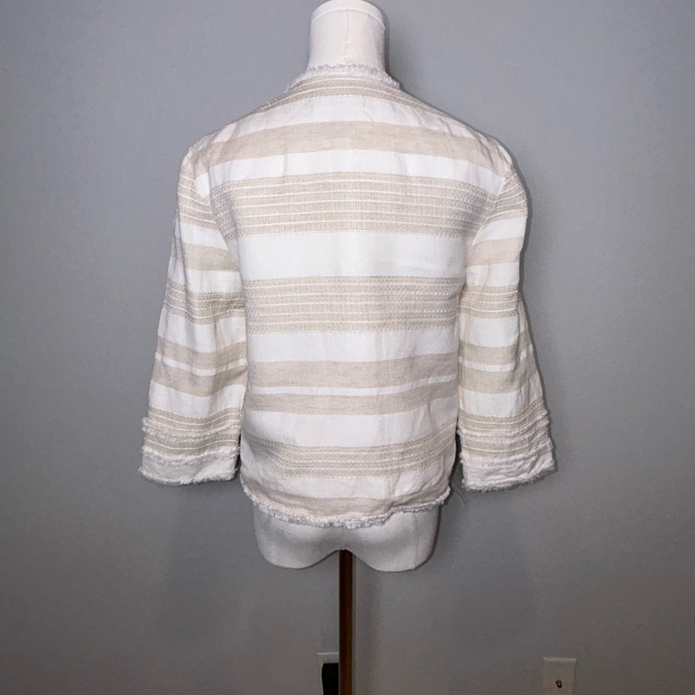 Greylin stripe linen cotton Blazer small fringe trim open front - Picture 8 of 10
